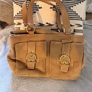 Coach Tan Suede Shoulder Bag with Gold Accents